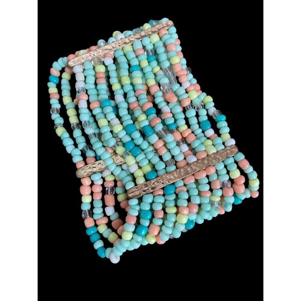 Multistrand Stretch Bracelet Pastel Spring Goldtone Glass Beads 2" Wide 8"